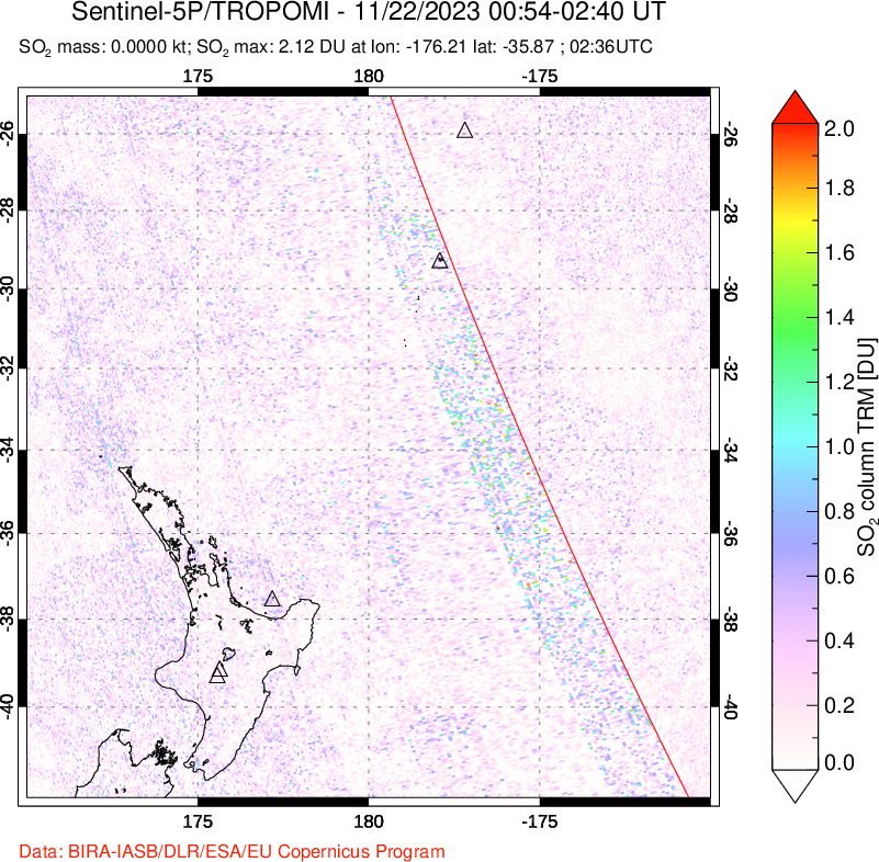 A sulfur dioxide image over New Zealand on Nov 22, 2023.