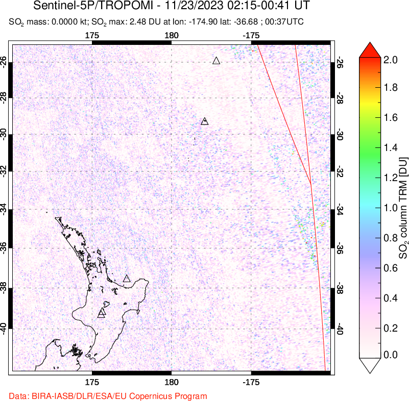 A sulfur dioxide image over New Zealand on Nov 23, 2023.