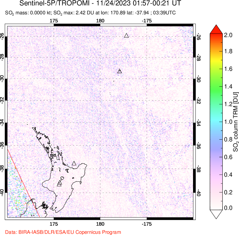 A sulfur dioxide image over New Zealand on Nov 24, 2023.