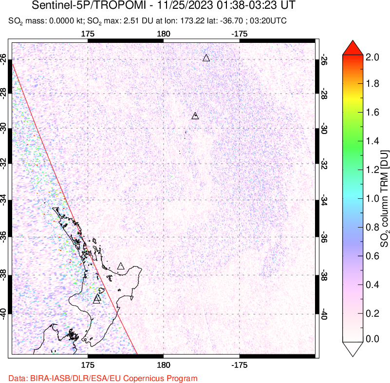 A sulfur dioxide image over New Zealand on Nov 25, 2023.