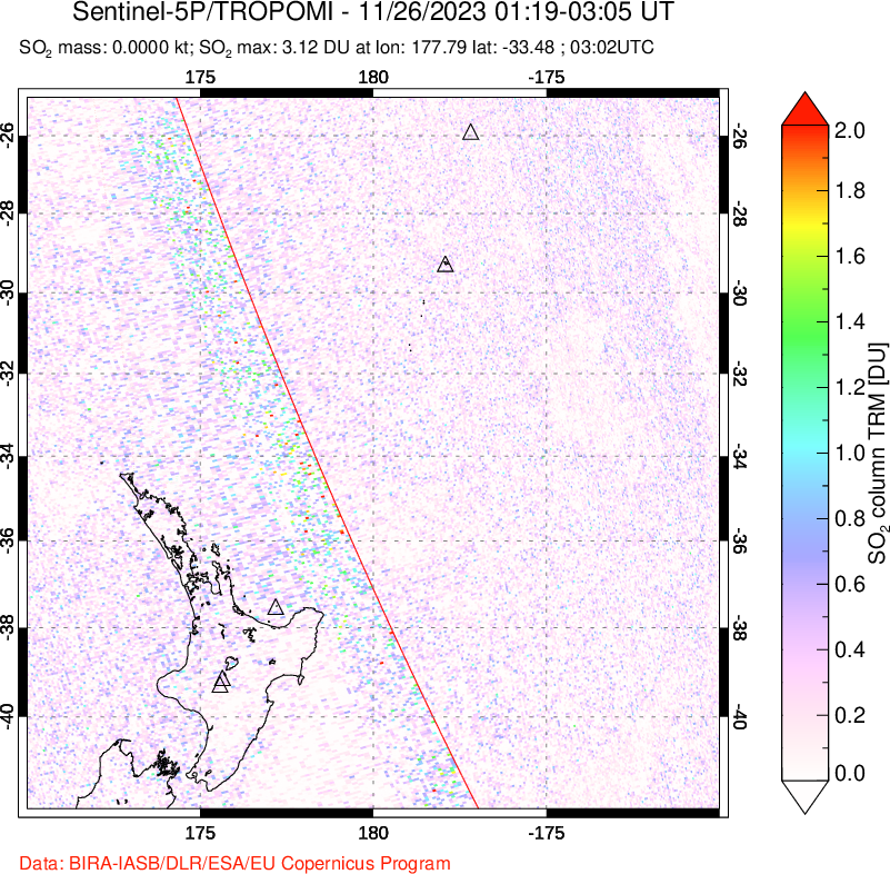 A sulfur dioxide image over New Zealand on Nov 26, 2023.