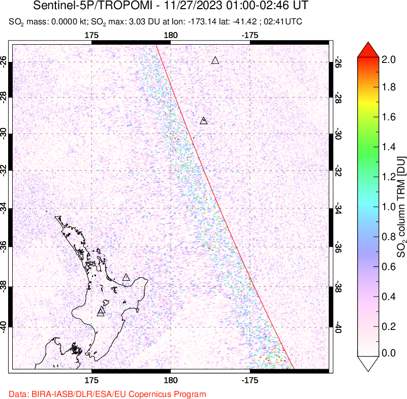 A sulfur dioxide image over New Zealand on Nov 27, 2023.