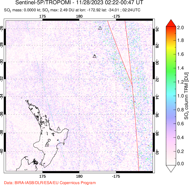 A sulfur dioxide image over New Zealand on Nov 28, 2023.