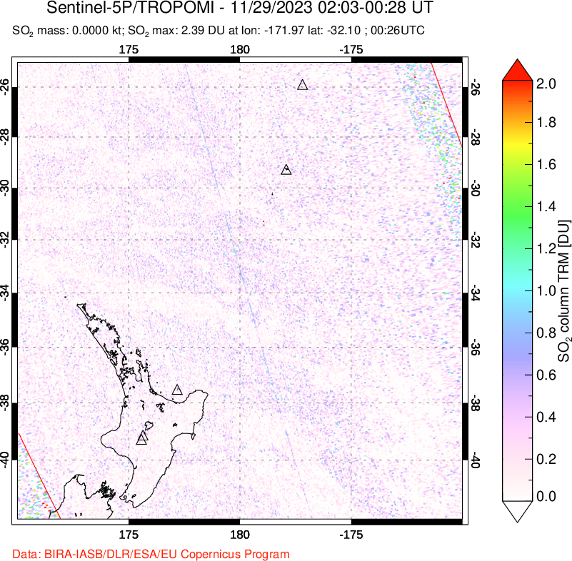 A sulfur dioxide image over New Zealand on Nov 29, 2023.