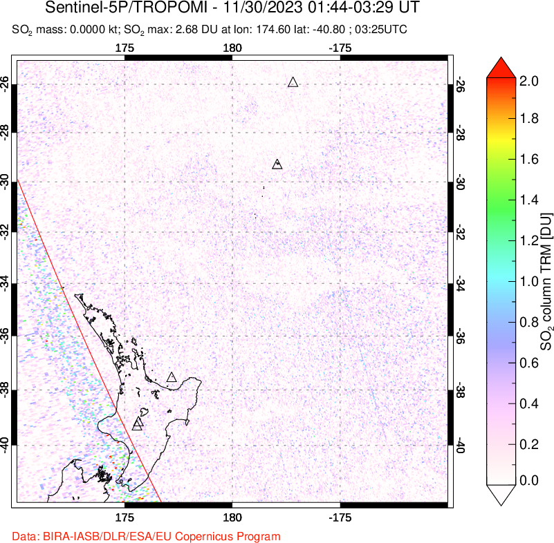 A sulfur dioxide image over New Zealand on Nov 30, 2023.