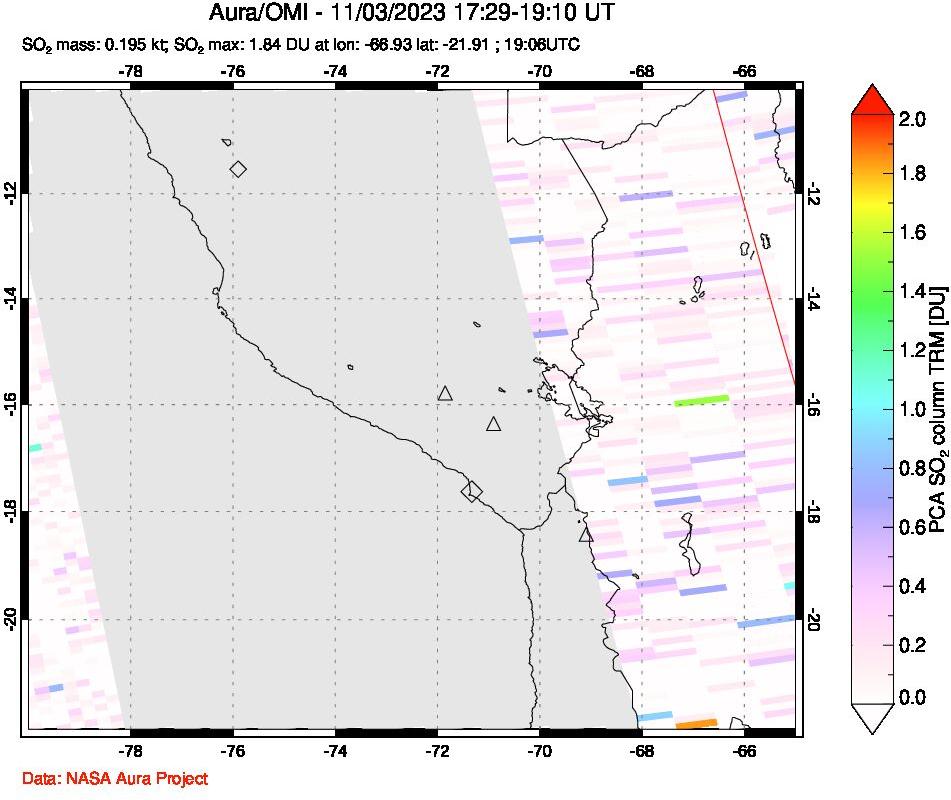 A sulfur dioxide image over Peru on Nov 03, 2023.