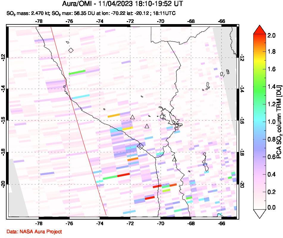 A sulfur dioxide image over Peru on Nov 04, 2023.