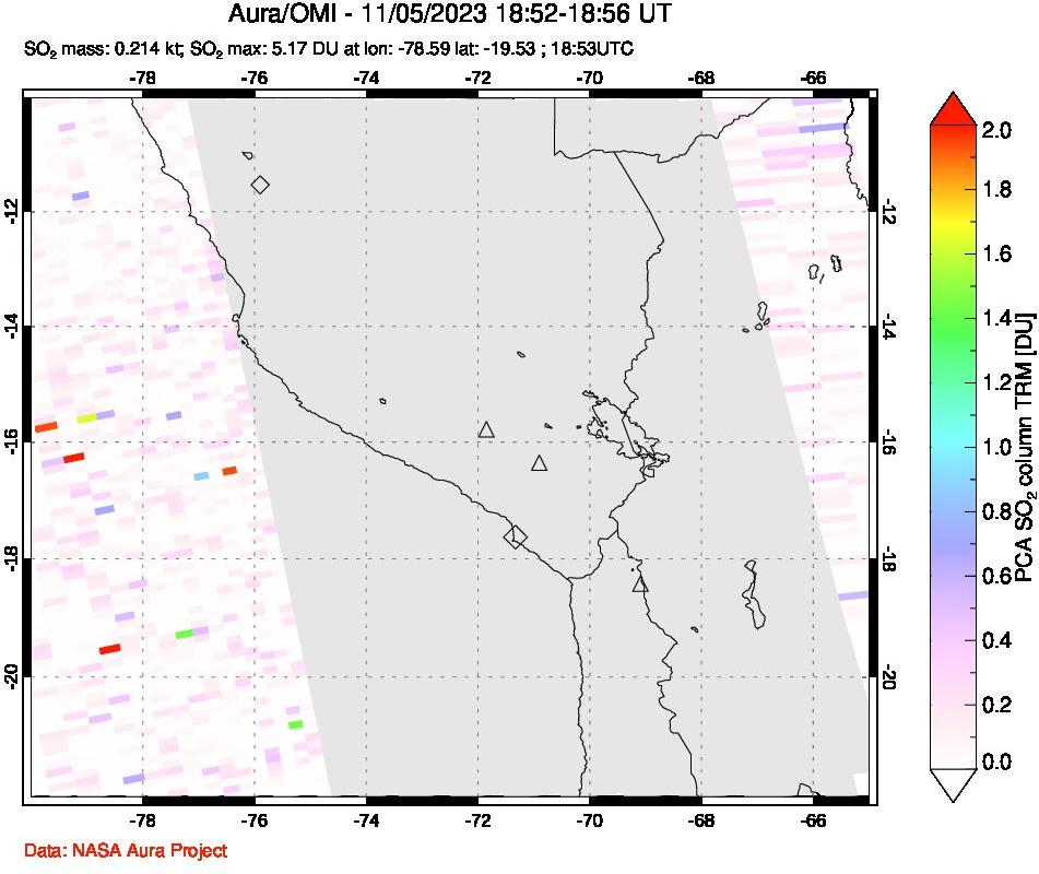 A sulfur dioxide image over Peru on Nov 05, 2023.