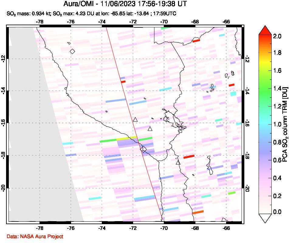 A sulfur dioxide image over Peru on Nov 06, 2023.