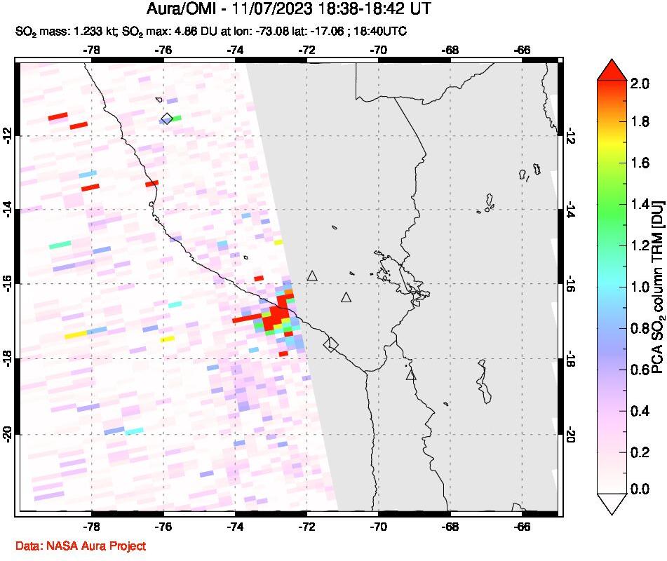 A sulfur dioxide image over Peru on Nov 07, 2023.