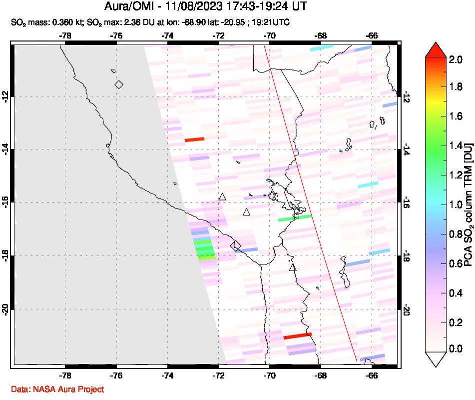 A sulfur dioxide image over Peru on Nov 08, 2023.