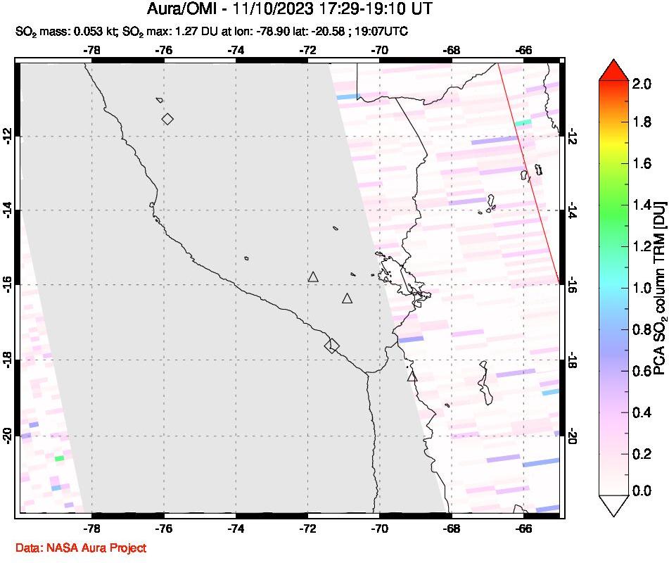 A sulfur dioxide image over Peru on Nov 10, 2023.