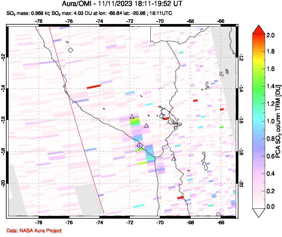 A sulfur dioxide image over Peru on Nov 11, 2023.