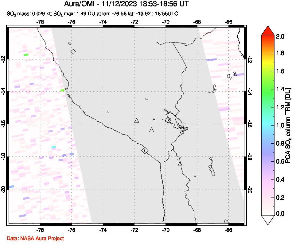 A sulfur dioxide image over Peru on Nov 12, 2023.