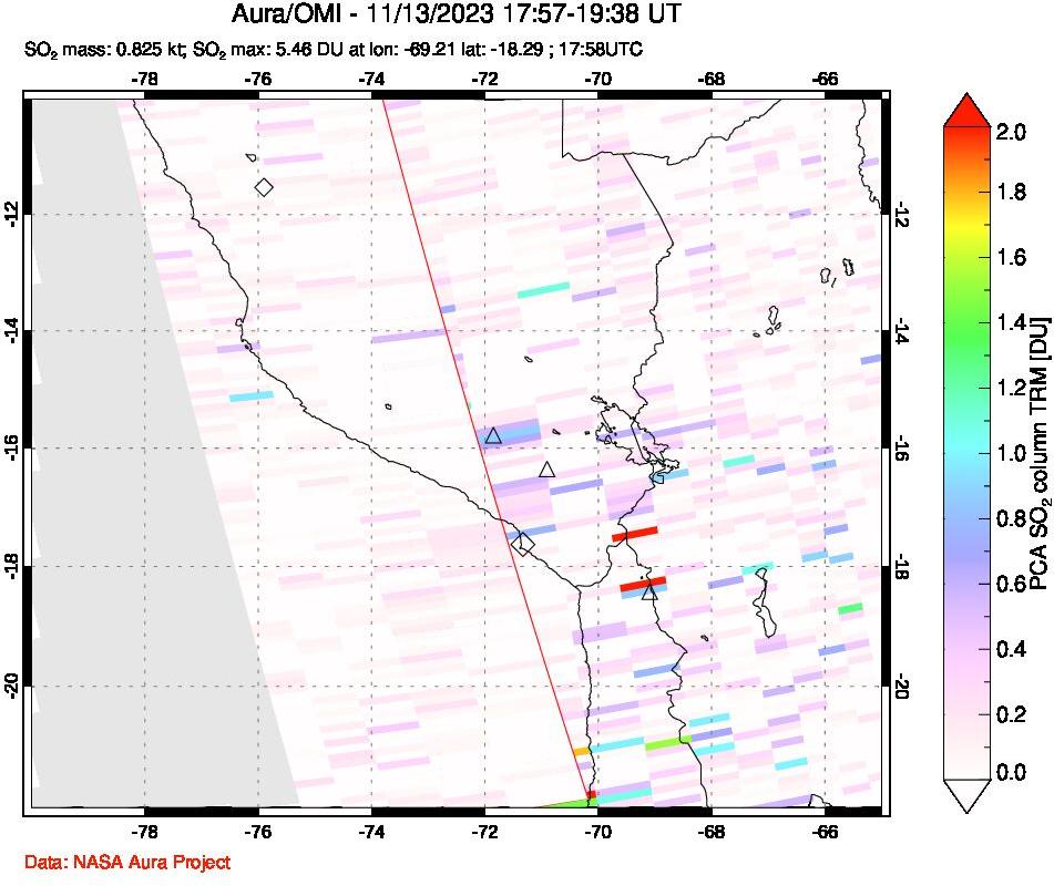 A sulfur dioxide image over Peru on Nov 13, 2023.