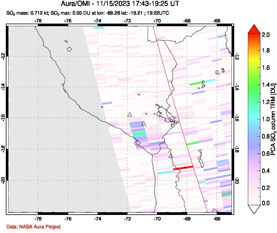 A sulfur dioxide image over Peru on Nov 15, 2023.