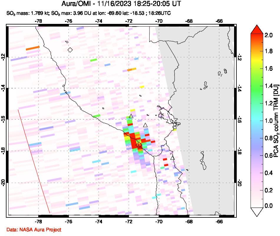 A sulfur dioxide image over Peru on Nov 16, 2023.