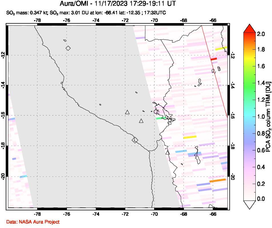 A sulfur dioxide image over Peru on Nov 17, 2023.