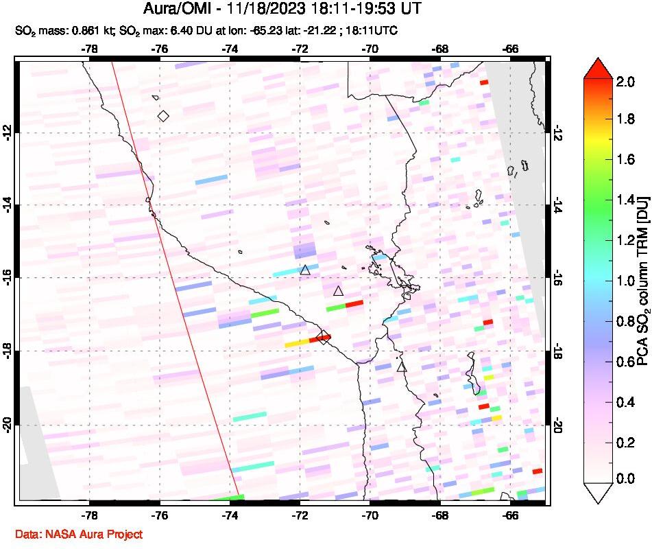 A sulfur dioxide image over Peru on Nov 18, 2023.