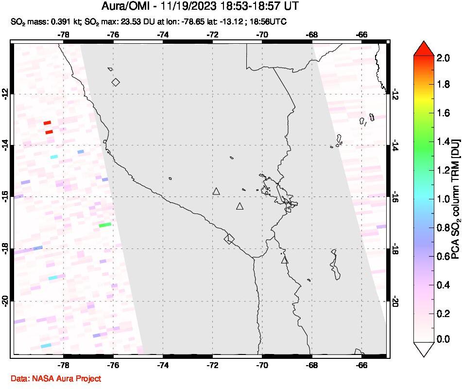 A sulfur dioxide image over Peru on Nov 19, 2023.