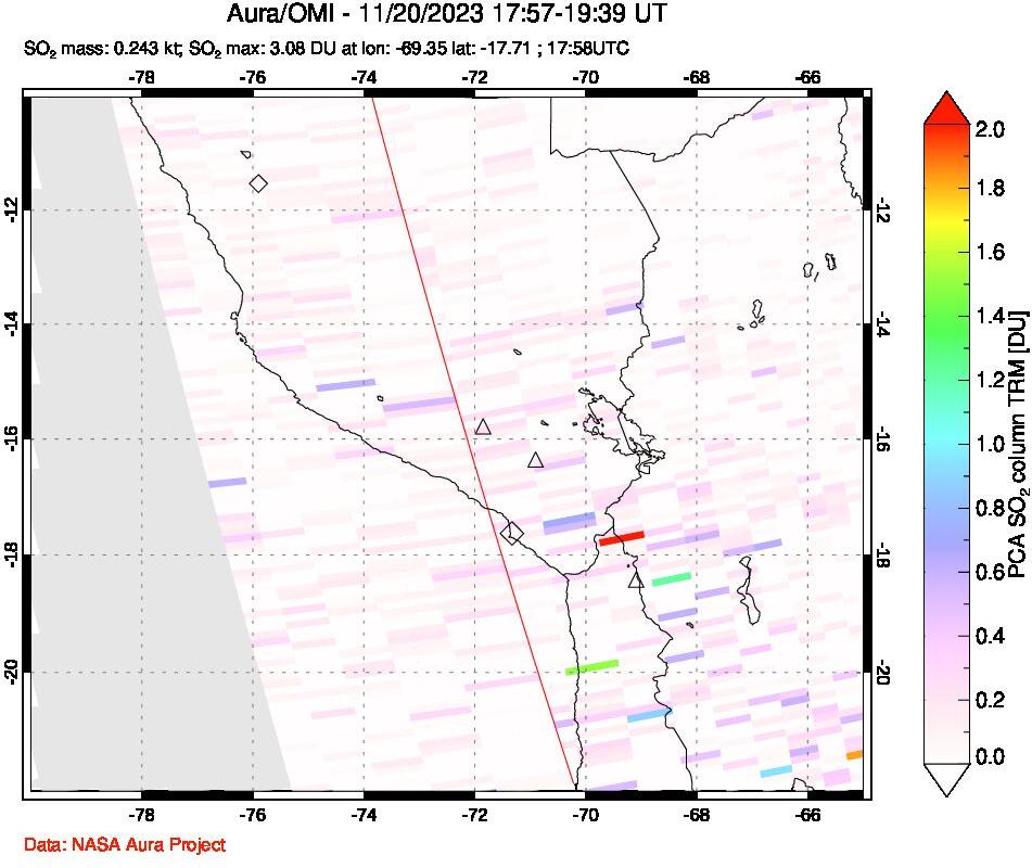 A sulfur dioxide image over Peru on Nov 20, 2023.