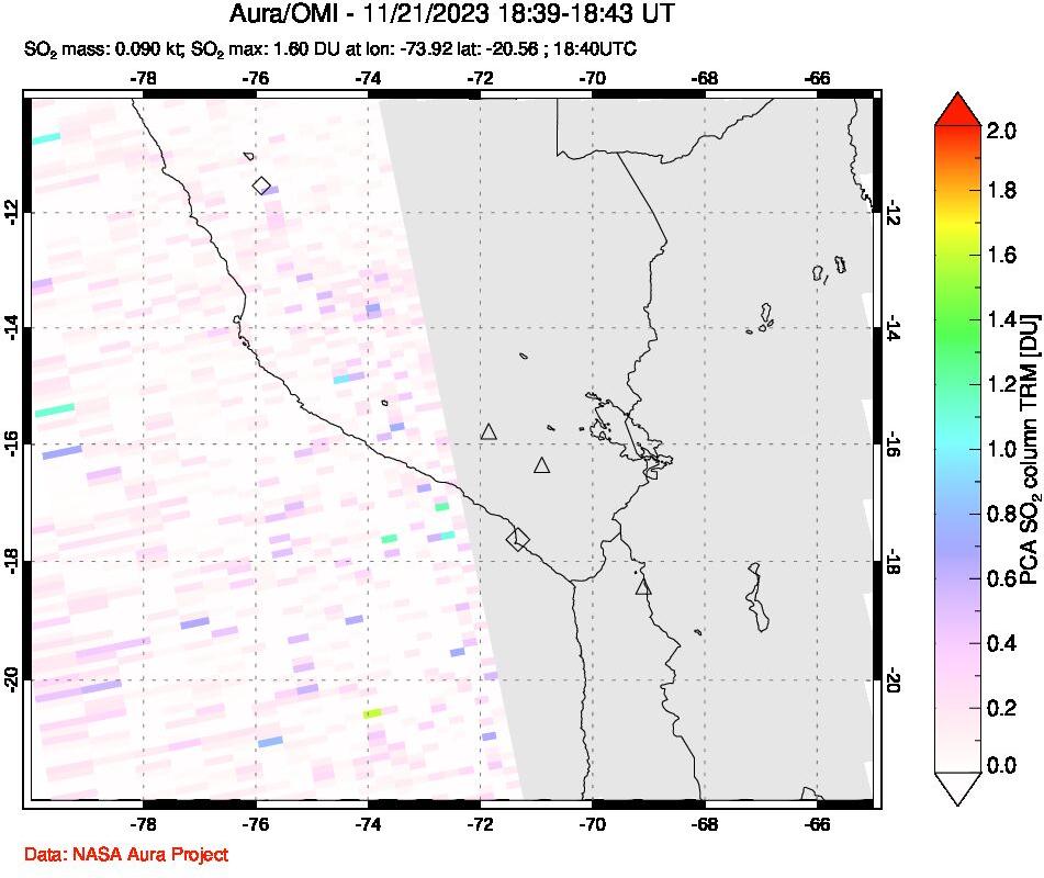 A sulfur dioxide image over Peru on Nov 21, 2023.