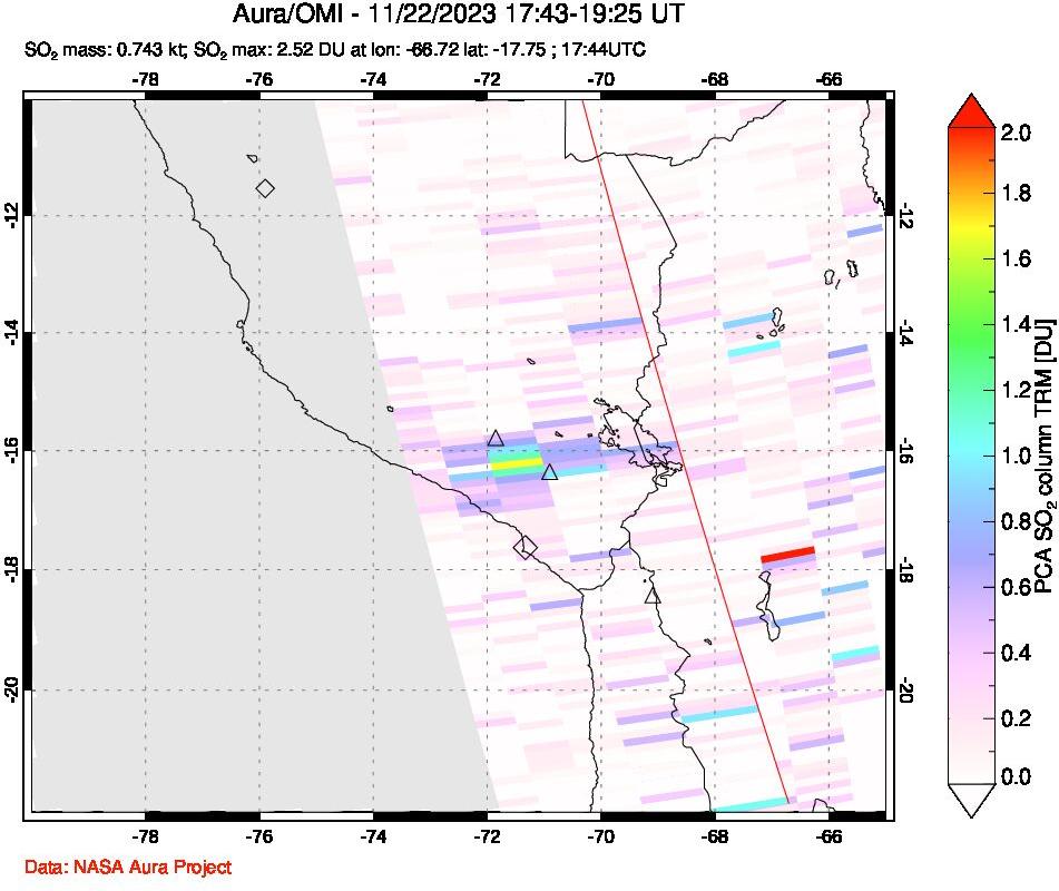 A sulfur dioxide image over Peru on Nov 22, 2023.