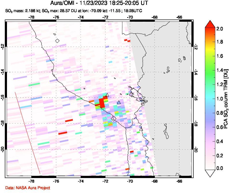 A sulfur dioxide image over Peru on Nov 23, 2023.