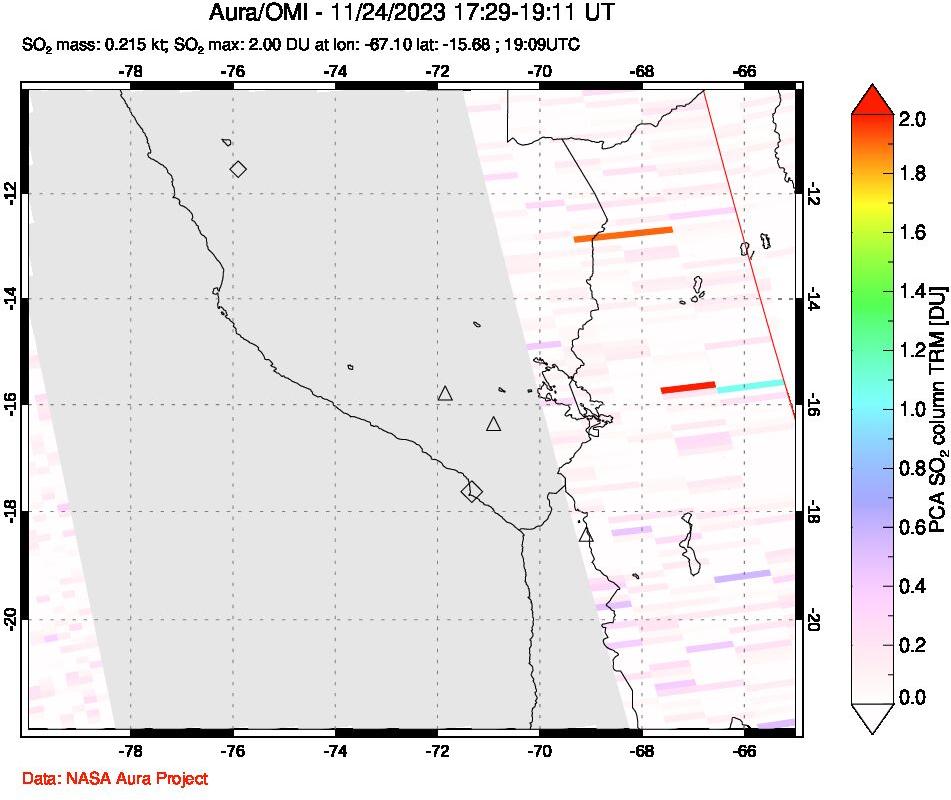 A sulfur dioxide image over Peru on Nov 24, 2023.