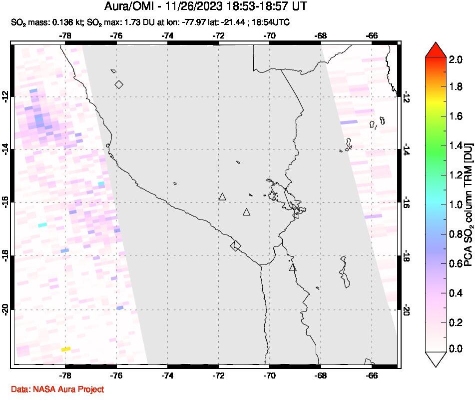 A sulfur dioxide image over Peru on Nov 26, 2023.