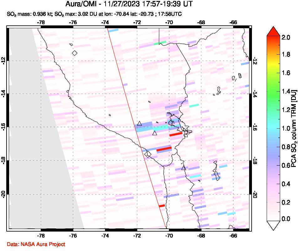 A sulfur dioxide image over Peru on Nov 27, 2023.