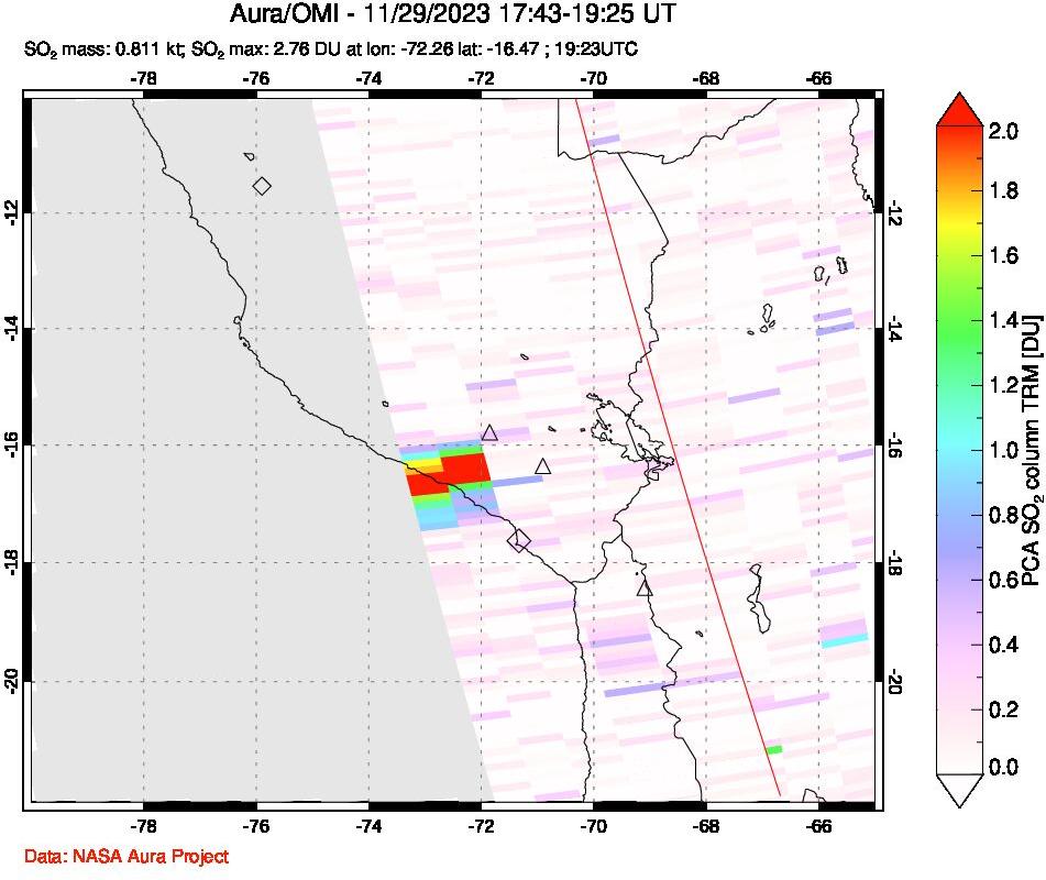 A sulfur dioxide image over Peru on Nov 29, 2023.