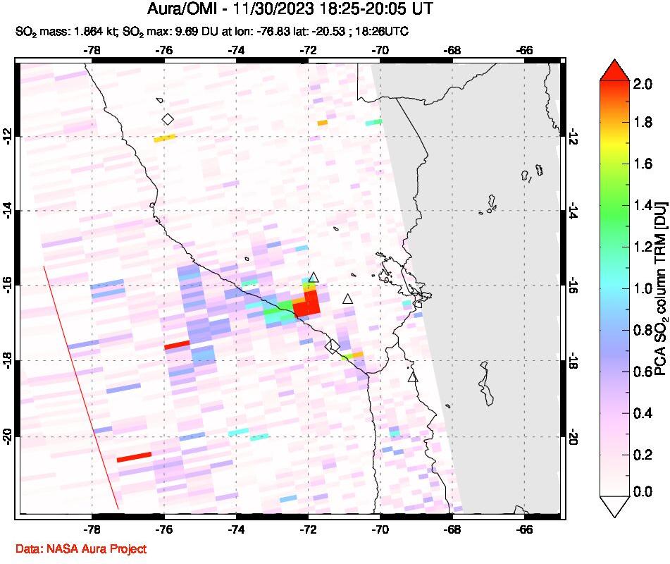 A sulfur dioxide image over Peru on Nov 30, 2023.