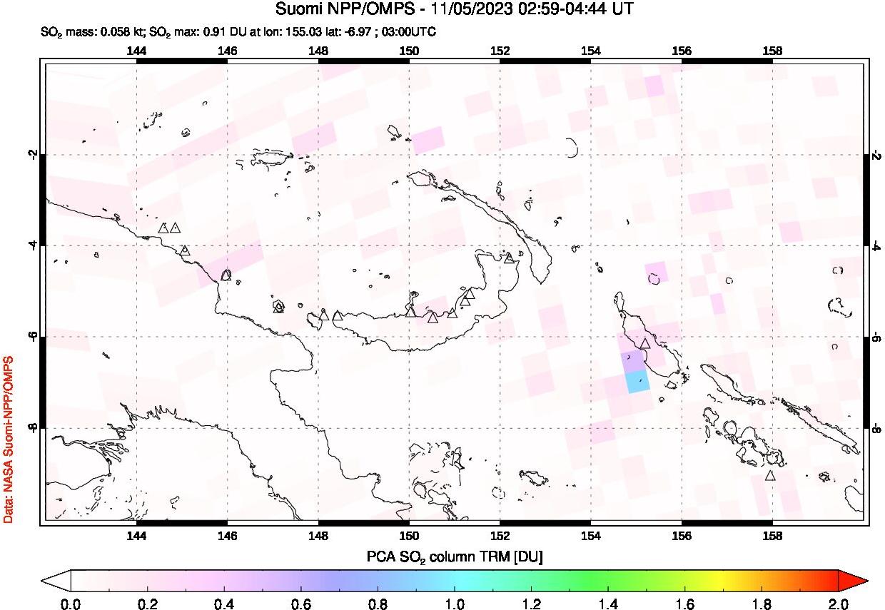 A sulfur dioxide image over Papua, New Guinea on Nov 05, 2023.