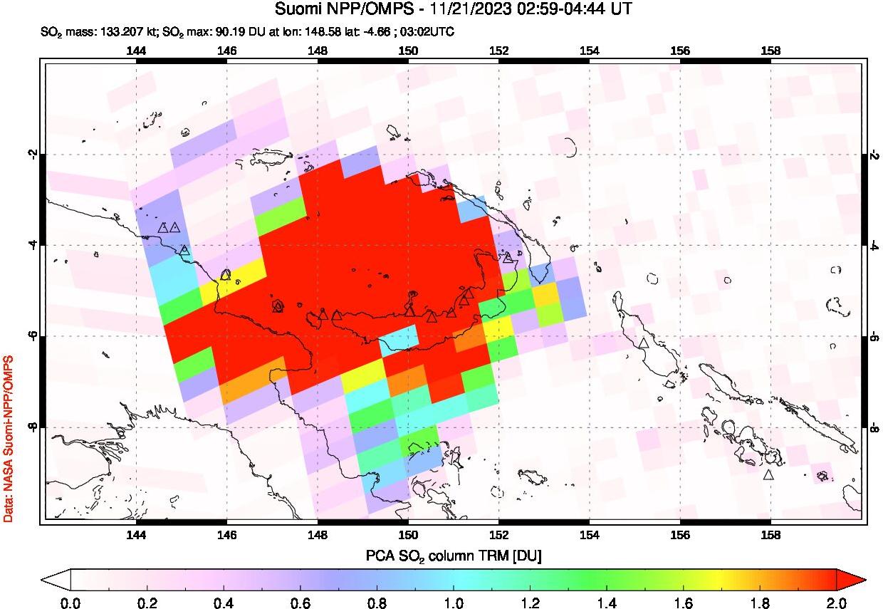 A sulfur dioxide image over Papua, New Guinea on Nov 21, 2023.