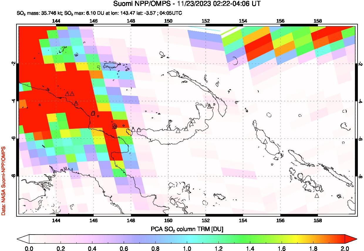 A sulfur dioxide image over Papua, New Guinea on Nov 23, 2023.