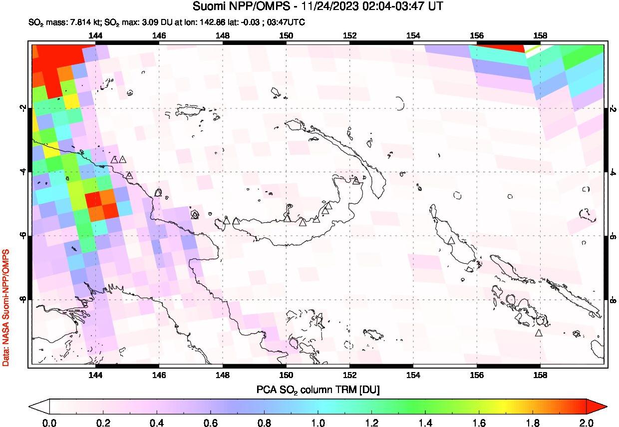 A sulfur dioxide image over Papua, New Guinea on Nov 24, 2023.