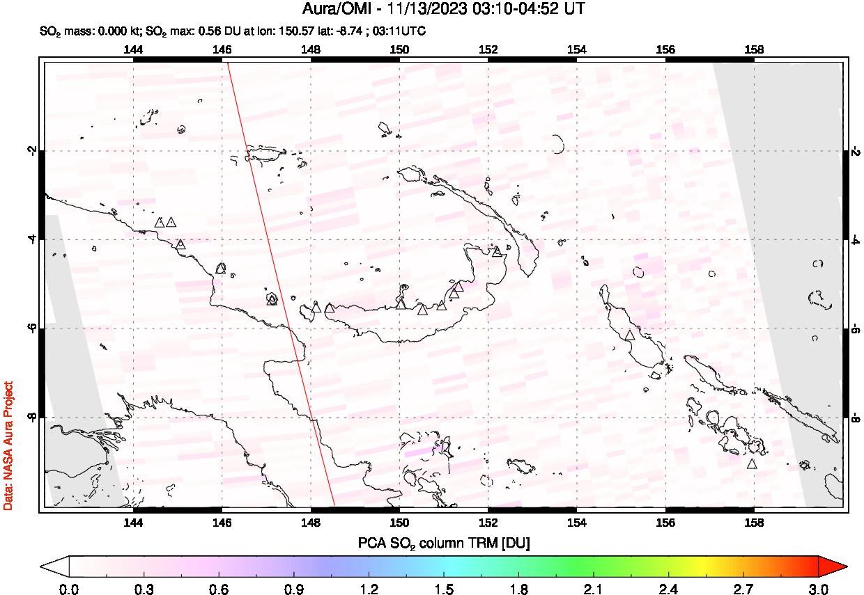 A sulfur dioxide image over Papua, New Guinea on Nov 13, 2023.