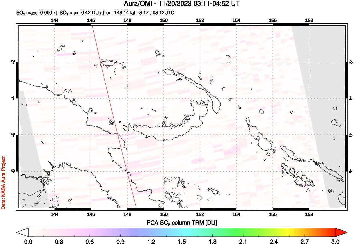 A sulfur dioxide image over Papua, New Guinea on Nov 20, 2023.