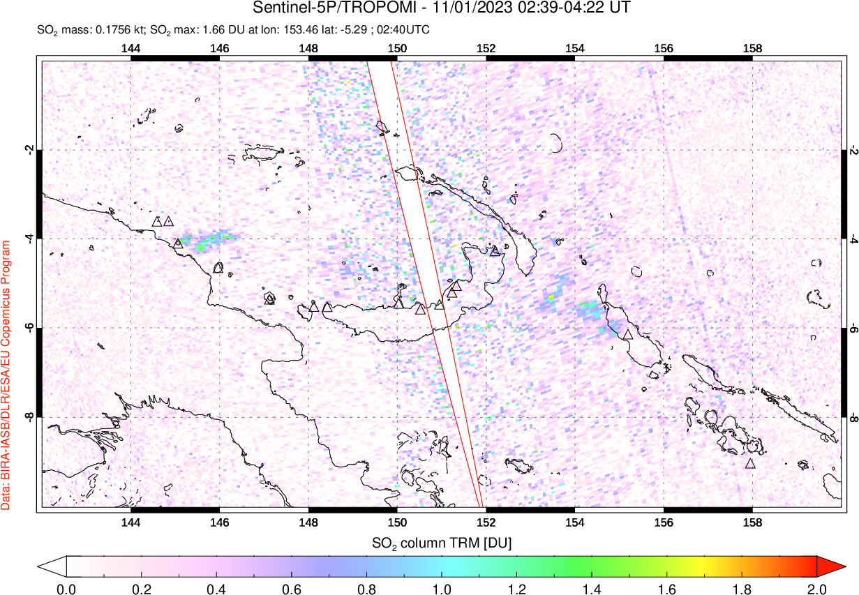 A sulfur dioxide image over Papua, New Guinea on Nov 01, 2023.