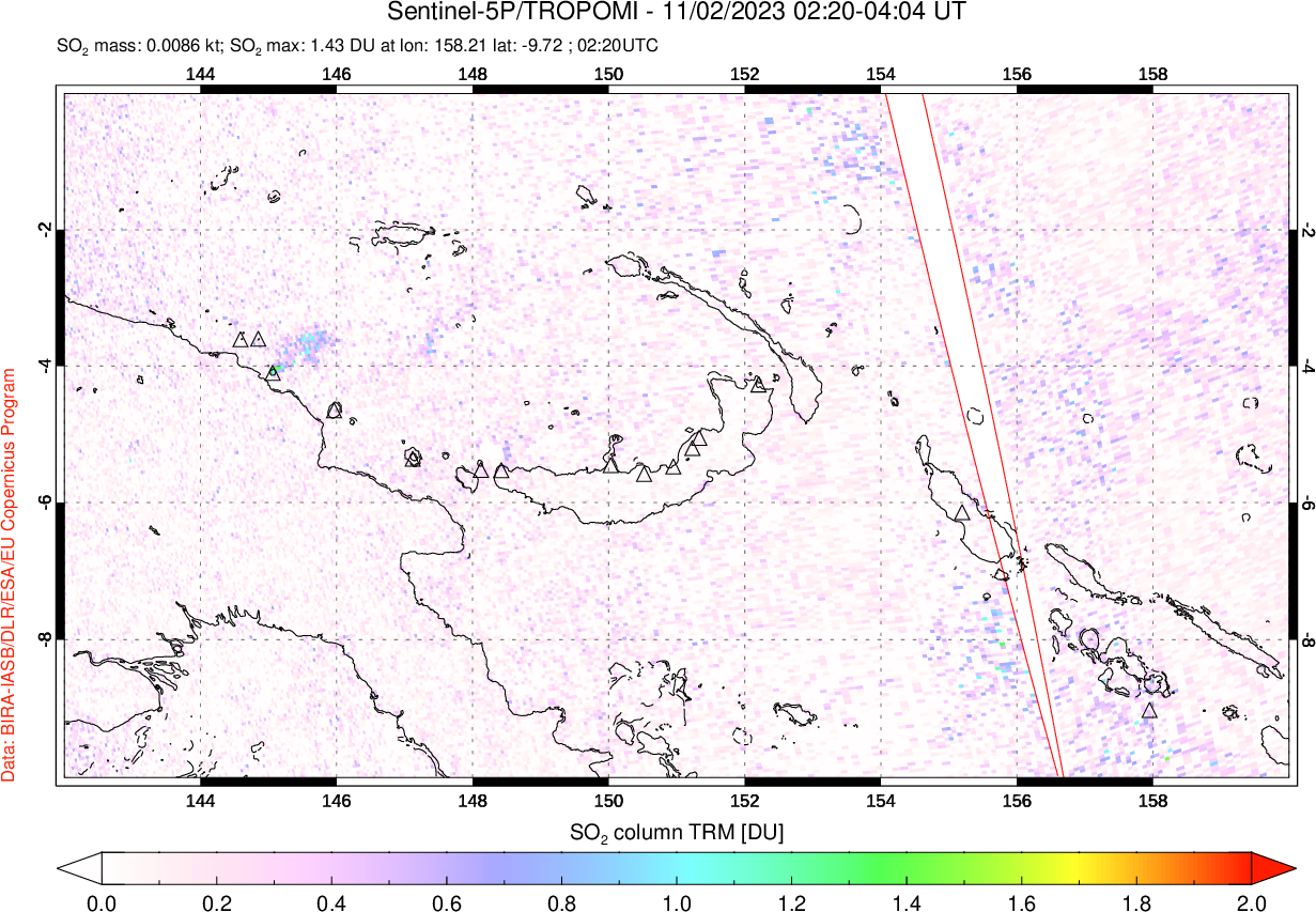A sulfur dioxide image over Papua, New Guinea on Nov 02, 2023.