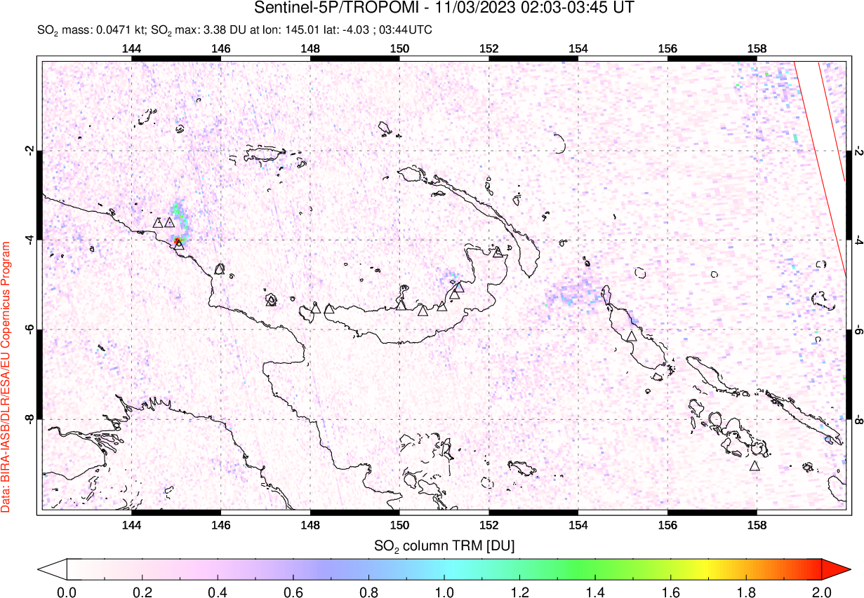 A sulfur dioxide image over Papua, New Guinea on Nov 03, 2023.
