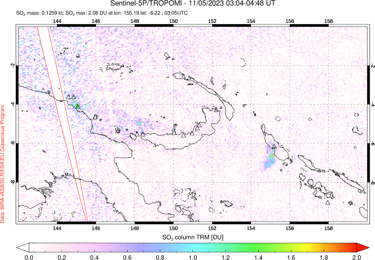 A sulfur dioxide image over Papua, New Guinea on Nov 05, 2023.