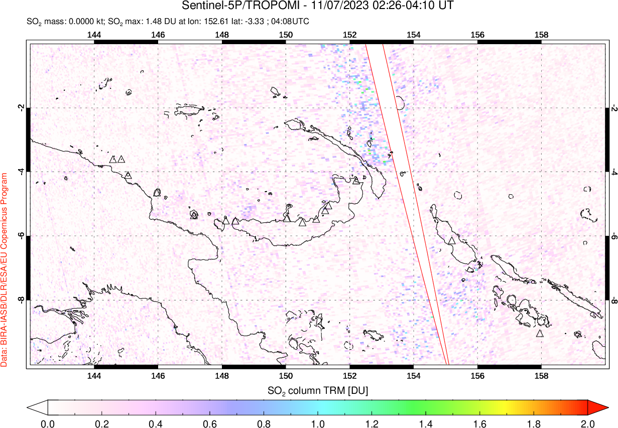 A sulfur dioxide image over Papua, New Guinea on Nov 07, 2023.