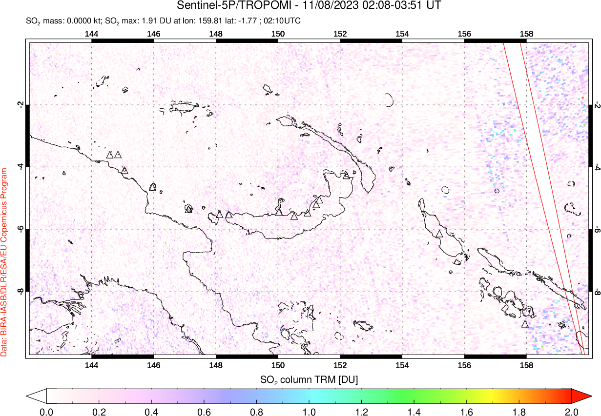 A sulfur dioxide image over Papua, New Guinea on Nov 08, 2023.