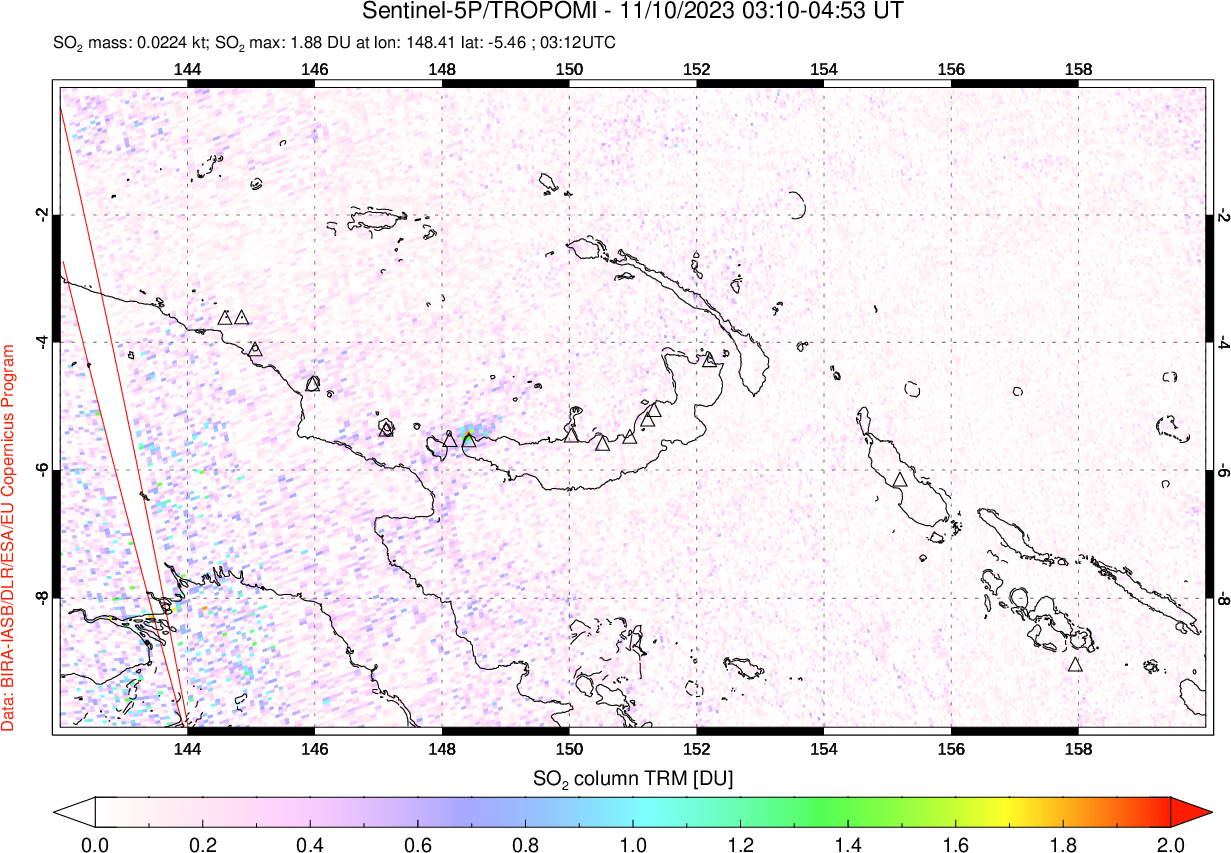 A sulfur dioxide image over Papua, New Guinea on Nov 10, 2023.