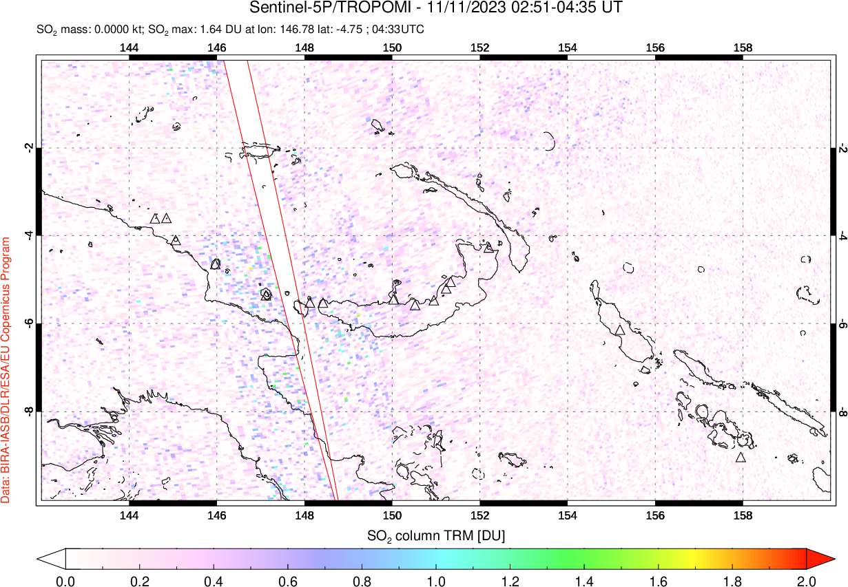A sulfur dioxide image over Papua, New Guinea on Nov 11, 2023.