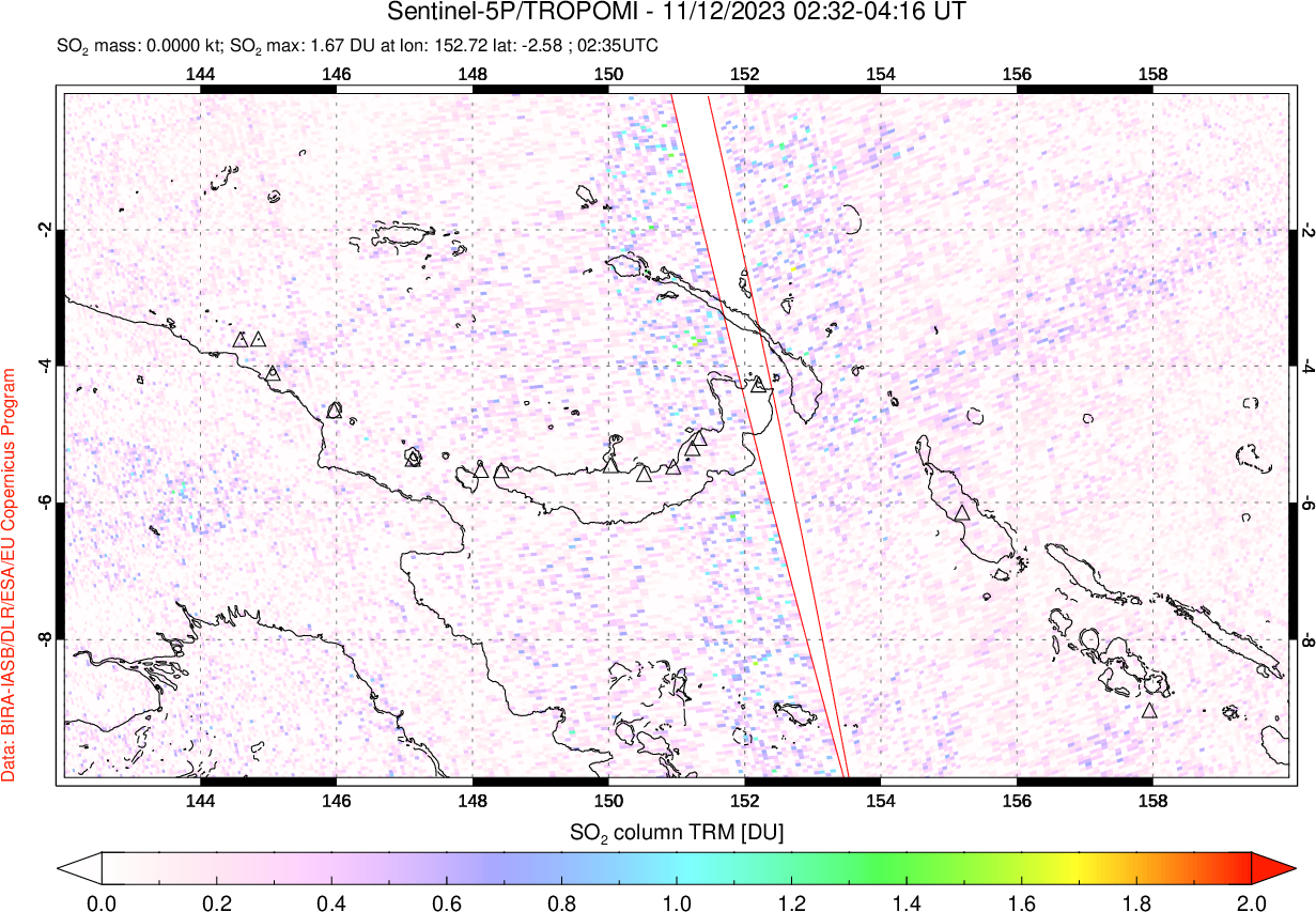 A sulfur dioxide image over Papua, New Guinea on Nov 12, 2023.