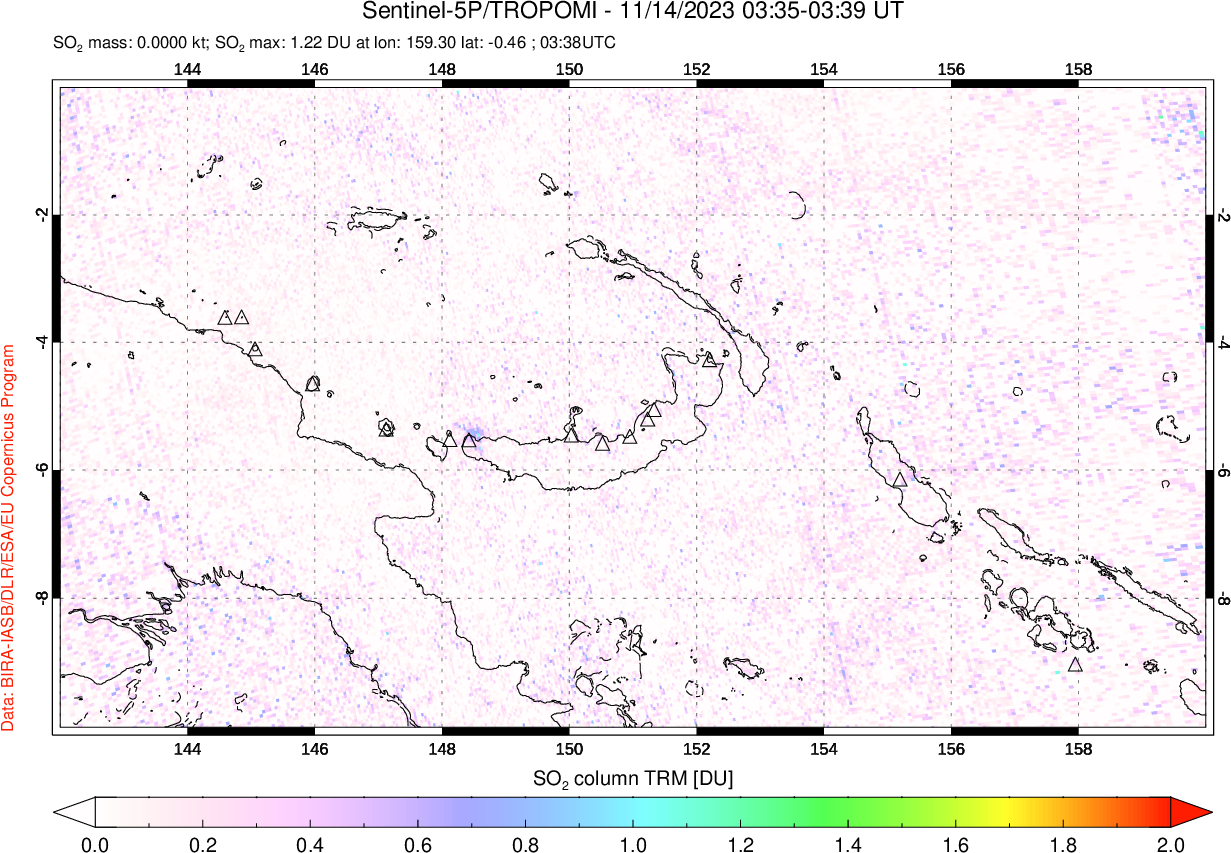 A sulfur dioxide image over Papua, New Guinea on Nov 14, 2023.