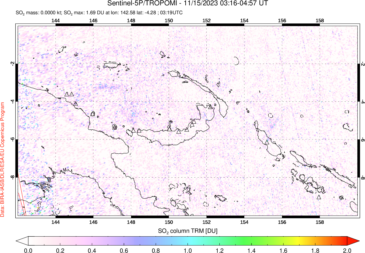 A sulfur dioxide image over Papua, New Guinea on Nov 15, 2023.
